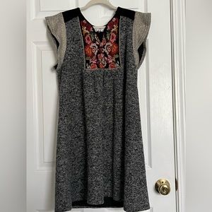 THML dress with velvet collar, embroidery accents, and gold sleeves